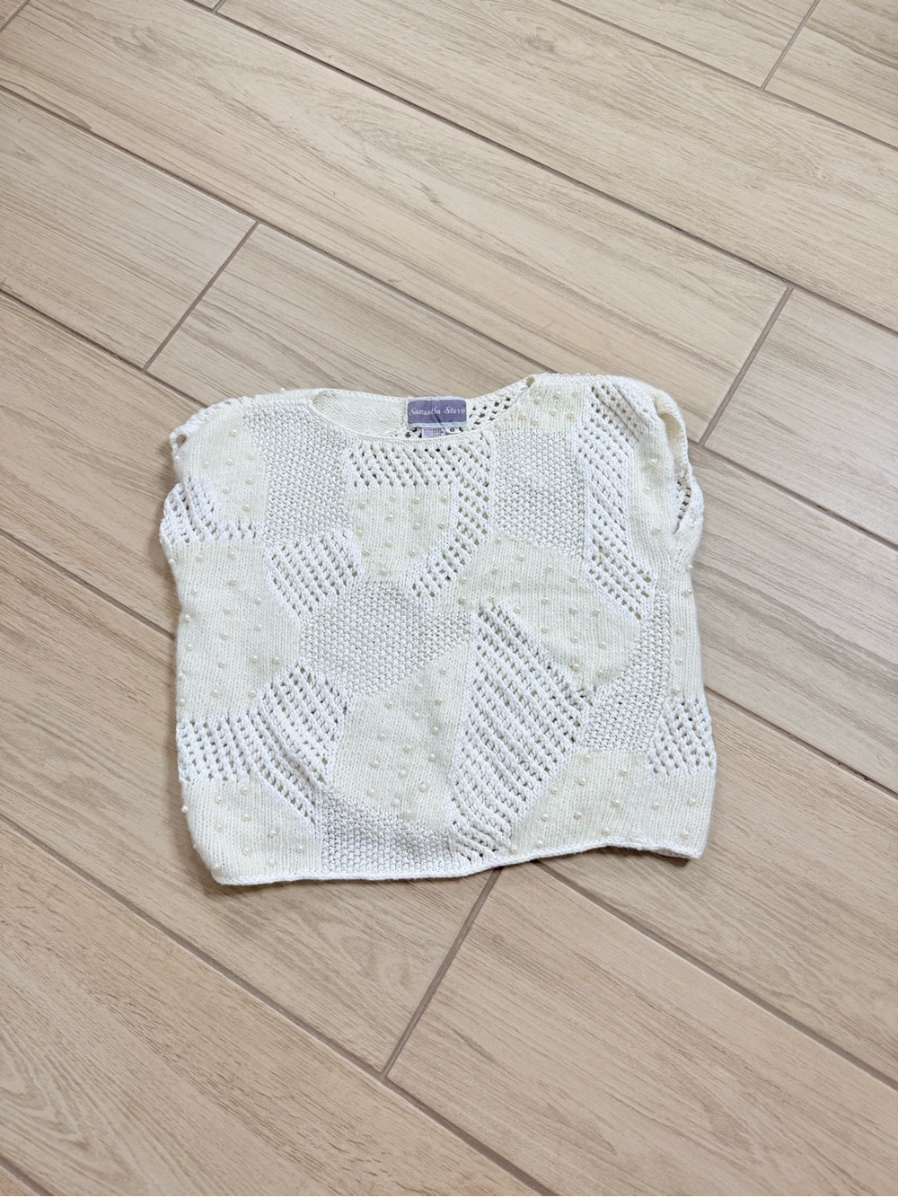 Samantha Starr Cream Patchwork Knit Blouse Sleeveless Geometric Popcorn Stitch S - Picture 2 of 6